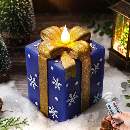 LCZLUMIPRO Christmas Flameless Gift Box Candle Hand-Painted Real Wax LED Candle with Remote Timer Battery Operated Blue Gold Decor for Xmas Tree Skirt Ornament Table Outdoor Indoor Holiday