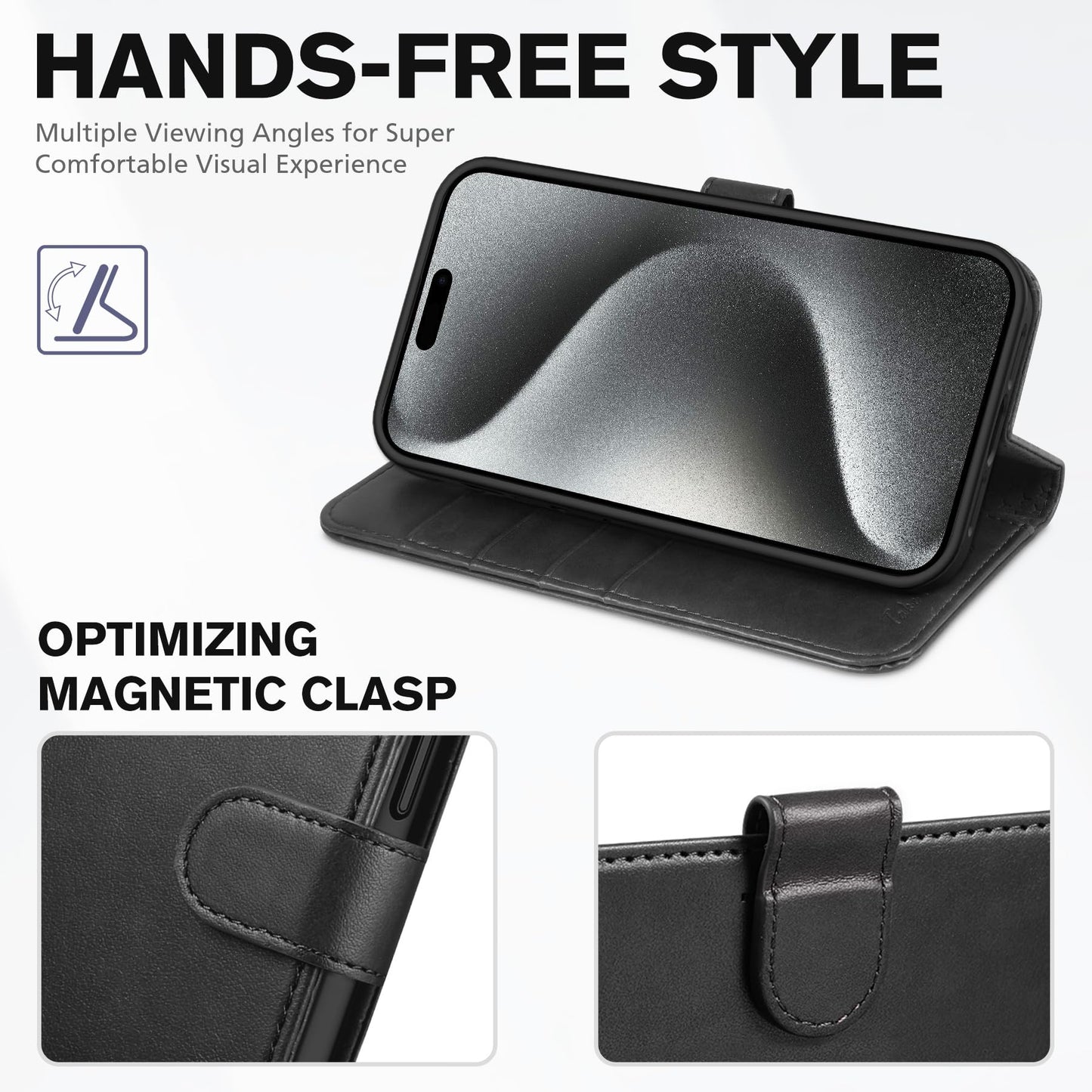 TUCCH Case Wallet for iPhone 15 Pro Max, RFID Blocking 4 Card Holder Kickstand Shockproof TPU Inner Case, PU Leather Magnetic Flip Folio Cover, Black