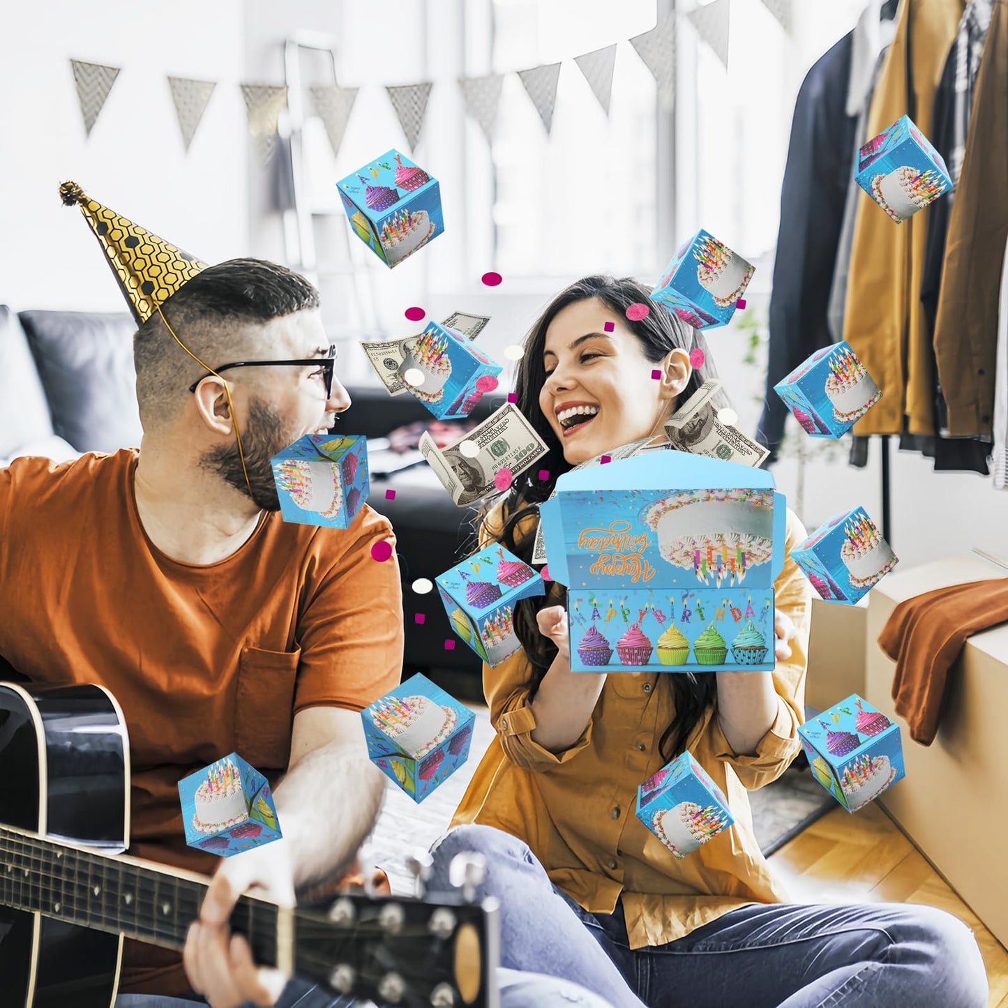 Surprise Gift Box Explosion for Money, Unique Folding Bouncing Red Envelope Gift Box with Confetti, Cash Explosion Luxury for Birthday Anniversary Valentine Proposal (15 Bounces) (Blue Birthday)