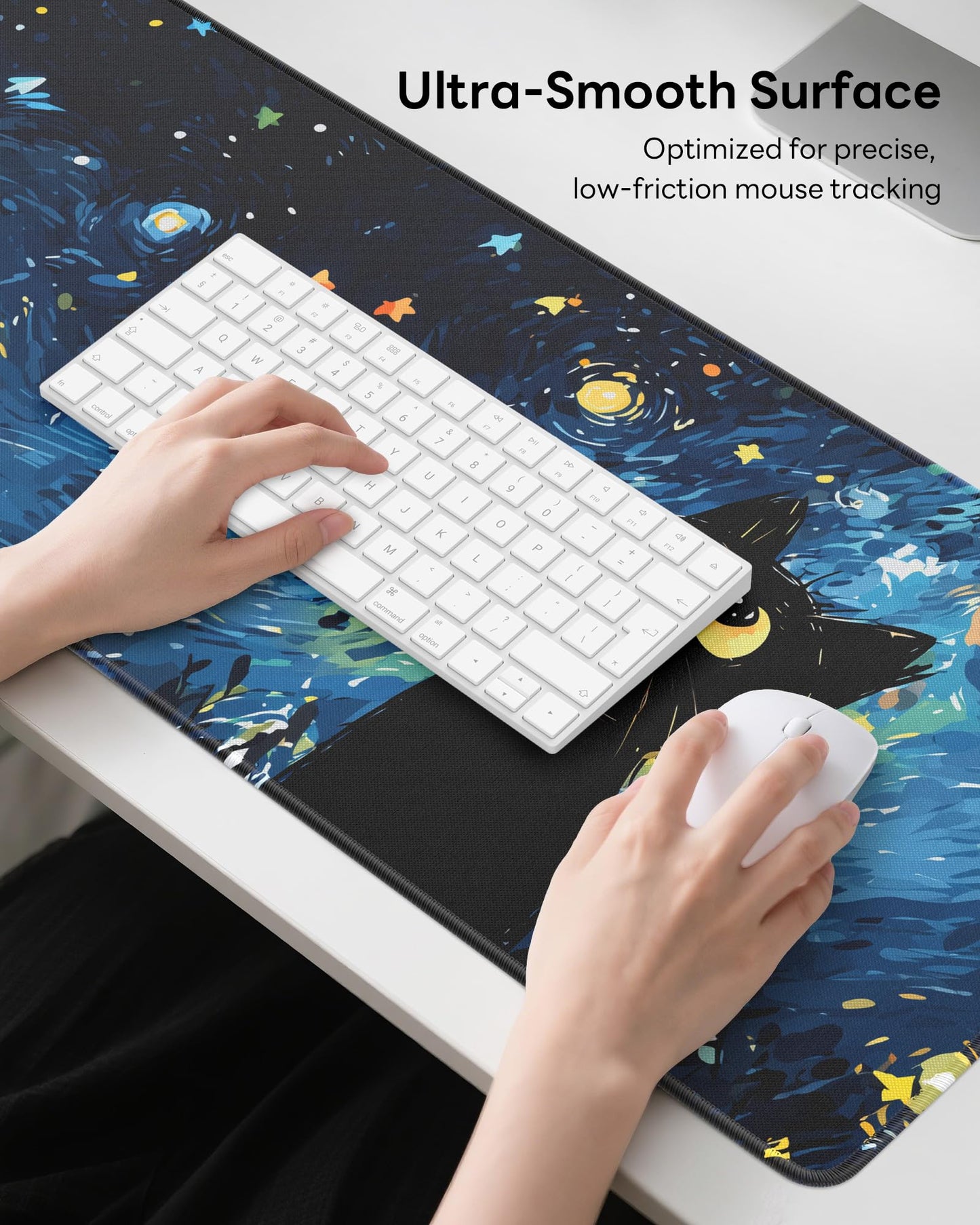 Velluxion Starry Night Cat Mouse Pad, 31.5 x 11.8 Large Desk Mat with Stitched Edges & Non-Slip Base, Mousepad for Office, Home, Work