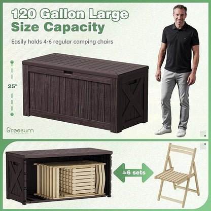 Greesum 120 Gallon Outdoor Storage Box with Lock - Large Resin Deck Box, Reinforced Lid for Garden, Patio, Lawn, Brown