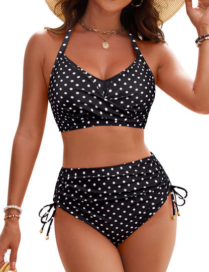 Blooming Jelly Womens High Waisted Bikini Sets Modest Swimsuit Tummy Control Bathing Suit Swimwear (Medium, Black)