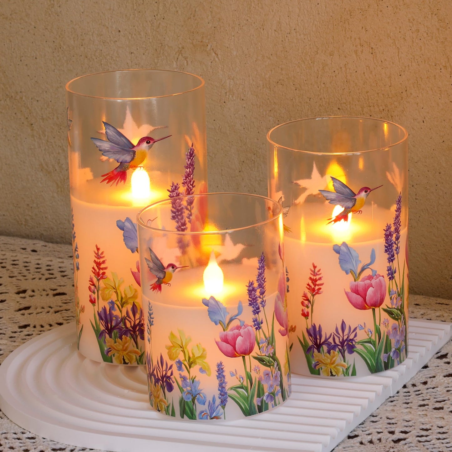 AFINETH Glass Flameless Candles with Remote, Hummingbird Floral Battery Operated Candles, Flickering LED Pillar Candle for Wedding, Home, Party Gift, Set of 3