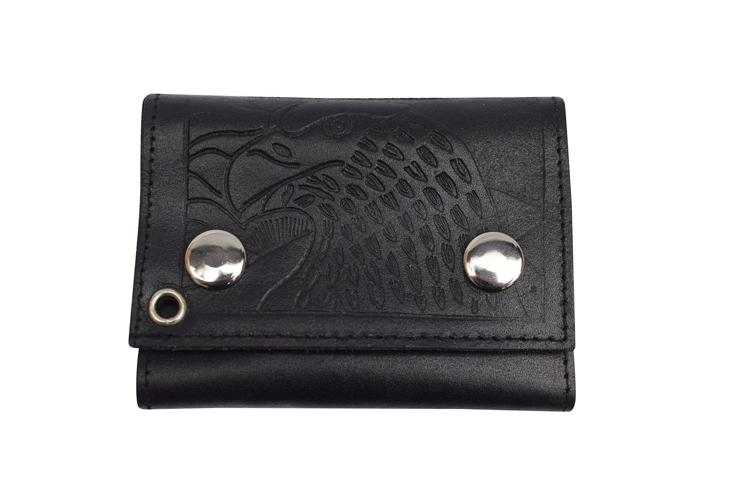MARSHAL Men's Genuine Leather Black Trifold Wallet with Chain Biker Trucker Motorcycle (Eagle Black)