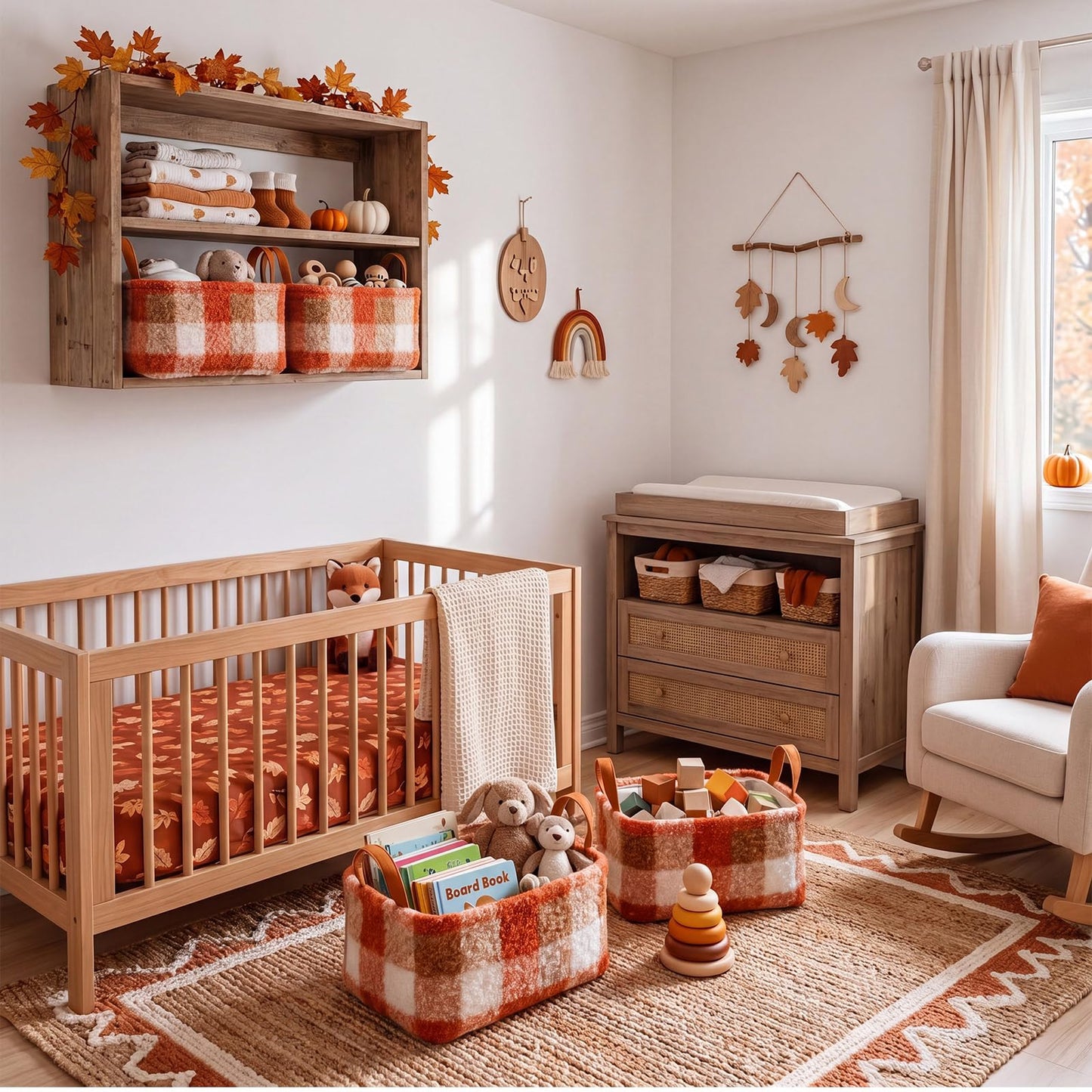 Yiyiring 2 Pcs Orange Plaid Storage Baskets 14x10 Inch Fall Theme Baskets Plaid Laundry Foldable Fluffy Boucle Storage Bin with Handle Autumn Home Decor Closet Organizer for Countertop Tabletop Car