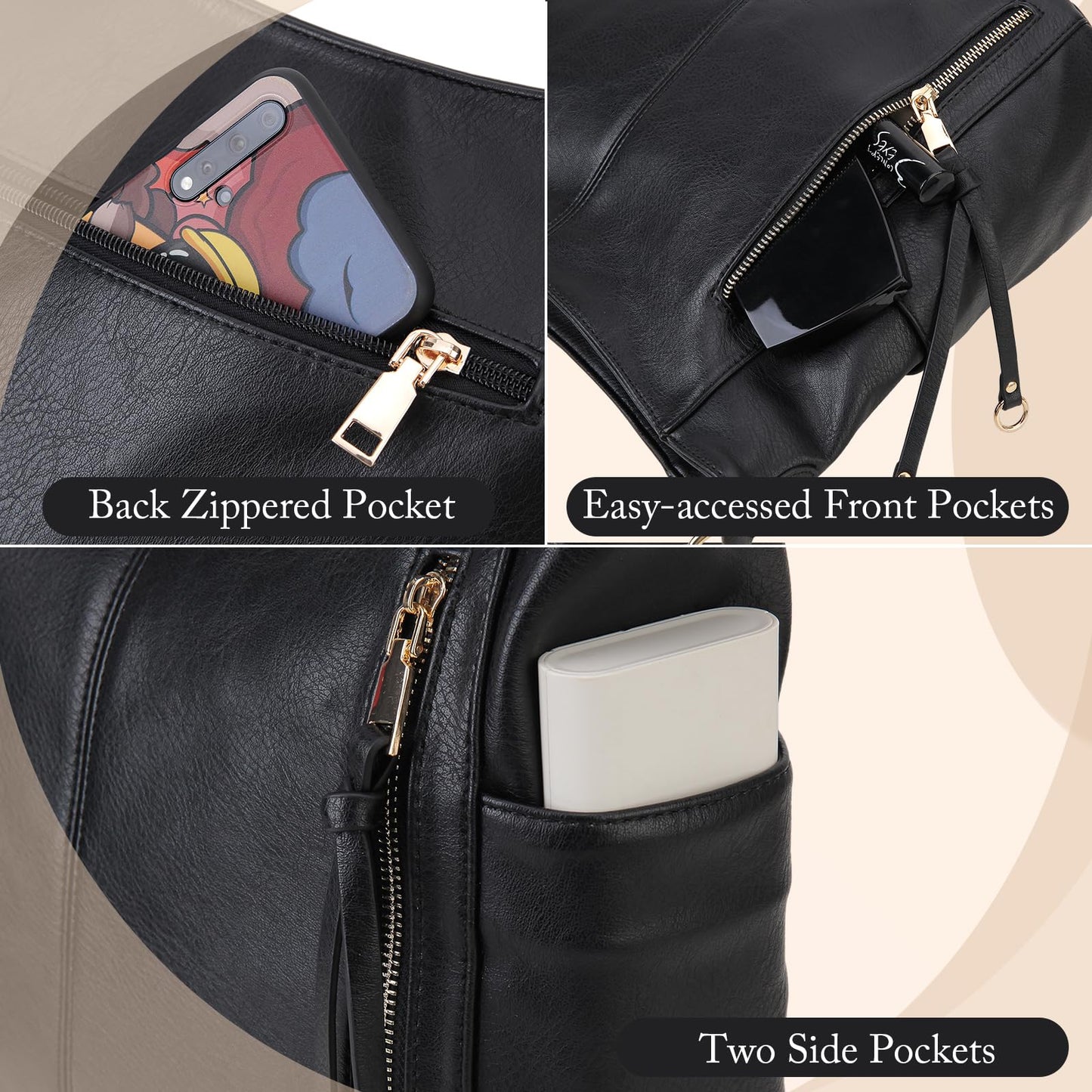 Chase Chic Hobo Bag for Women, PU Leather Ladies Purse and Handbags with Adjustable Strap Trendy Large Crossbody Shoulder Bucket Bag for Work,Travel(Black)