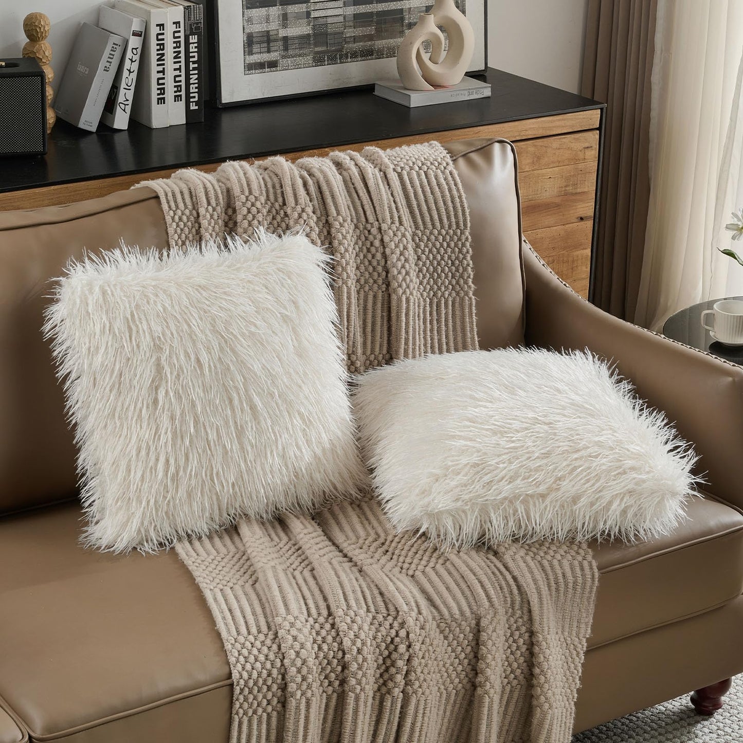 FUTEI Pack of 2 Shaggy Mongolian Faux Wool Throw Pillow Covers 18x18 Inch Soft Fluffy Farmhouse Decorative Cushion Case for Couch Bed Living Room, Cream White