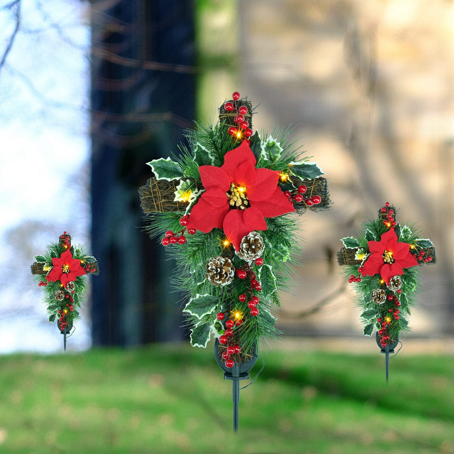 YULETIME 36" Christmas Cross Stake, Solar Powered with 15 Fairy Lights, Metal Cross, Natural Rattan, Red Poinsettia & Berries, Pine Cones, Pine Needles (Red)