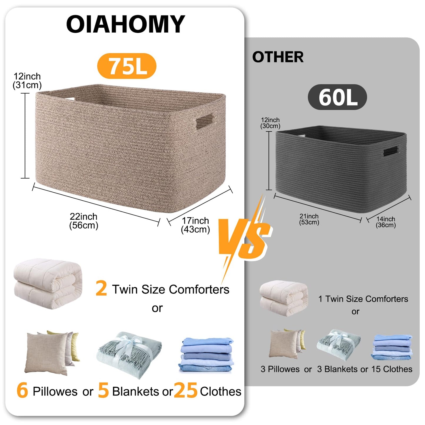 OIAHOMY 75L Large Woven Cotton Rope Storage Basket with Handle for Organizing Blanket and Toys for Living Room, Nursery, Brown Variegated 22”x17”x12”