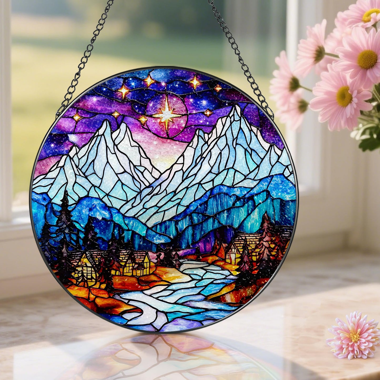 Stained Glass Window Hanging, Pauyadu 8 Inch Night Court Sun Catcher, Stained Glass Suncatcher Ornament, Suncatchers for Windows Hanging, Starlight Lover Gift, Gifts for Women, Friend, Lover