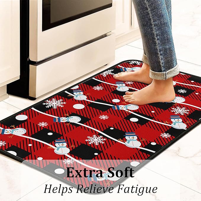 Buffalo Plaid Christmas Kitchen Rugs and Mats Set of 2, Christmas Snowman Winter New Year Holiday Party Low-Profile Floor Mat Merry Christmas Decorations for Kitchen Home- 17"x47"+17"x30"