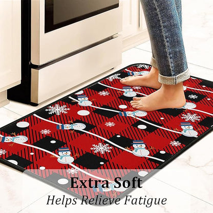 Buffalo Plaid Christmas Kitchen Rugs and Mats Set of 2, Christmas Snowman Winter New Year Holiday Party Low-Profile Floor Mat Merry Christmas Decorations for Kitchen Home- 17"x47"+17"x30"