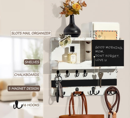 HEKOOLA Key Holder for Wall Mount with Shelf and Mail Organizer, Key and Mail Holder with 16 Hooks, Farmhouse Entryway Organizer, Home Decor Rack (Pine Wood, White Washed)