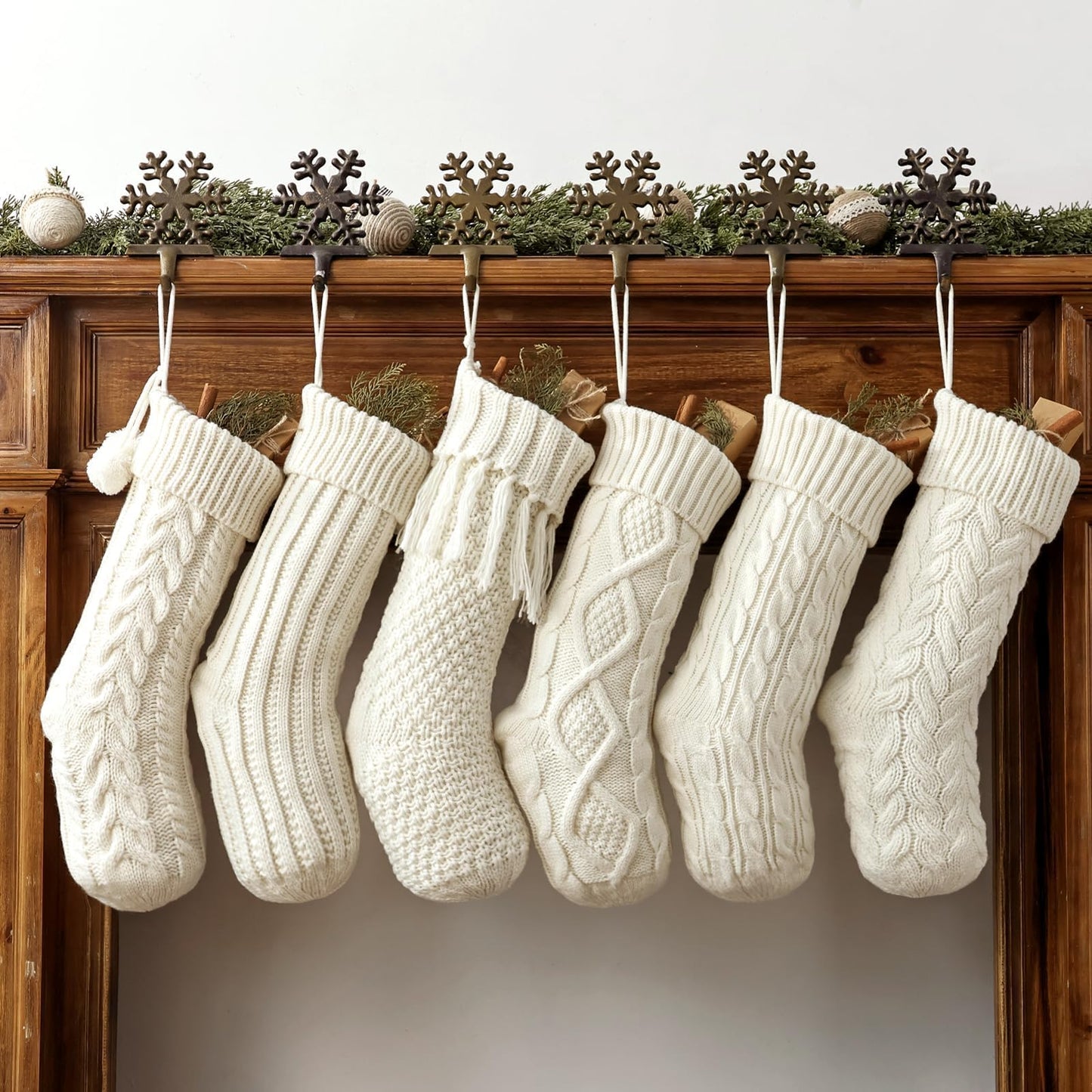 Christmas Stockings: 6 Pack 18 Inch Cream White Cable Knit Personalized Christmas Stockings, Rustic Hanging Xmas Stockings Farmhouse Boho Beige Knitted Stockings Decorations for Family Holiday Decor