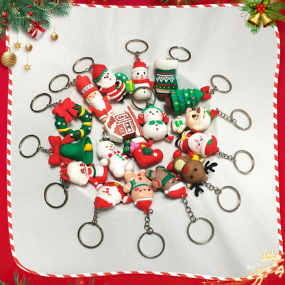 Becfupo 20 Pcs Christmas Rubber Keychains Bulk, 3D Santa Claus Snowman Xmas Tree Reindeer Hanging Ornaments With Keyrings For Christmas Tree Decoration, Xmas Party Craft Supplies