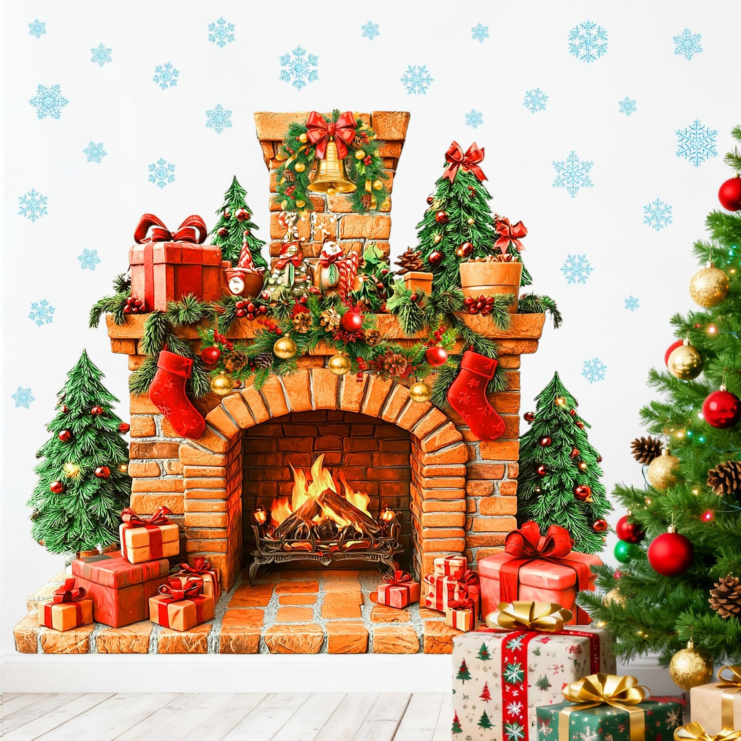 Large Fireplace Wall Stickers Removable Christmas Wall Decals Peel and Stick Fireplace Mural Sticker Winter Tree Snowflake Holiday Decorations for Walls Xmas Fire Flame Decal Party Decor