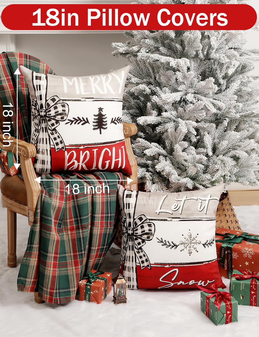 TOYPOPOR Christmas Decorations, Double Sided Throw Pillow Covers 18x18 Inches Set of 4, Christmas Tree, Snowflakes, Merry Christmas, Snowman Reindeer Cushion Case for Farmhouse Home Holiday Decor