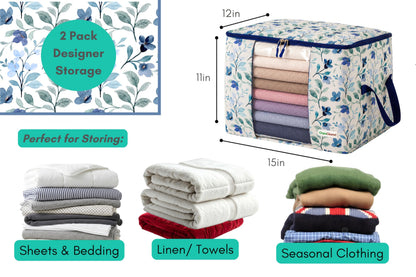 Chaos Cleared Canvas Storage Bags Designer Organizer 2 Pack – Seasonal Storage for Sweaters, Blankets, Linens & Garments – Foldable Design with Zip & Window (Blue Floral Print)