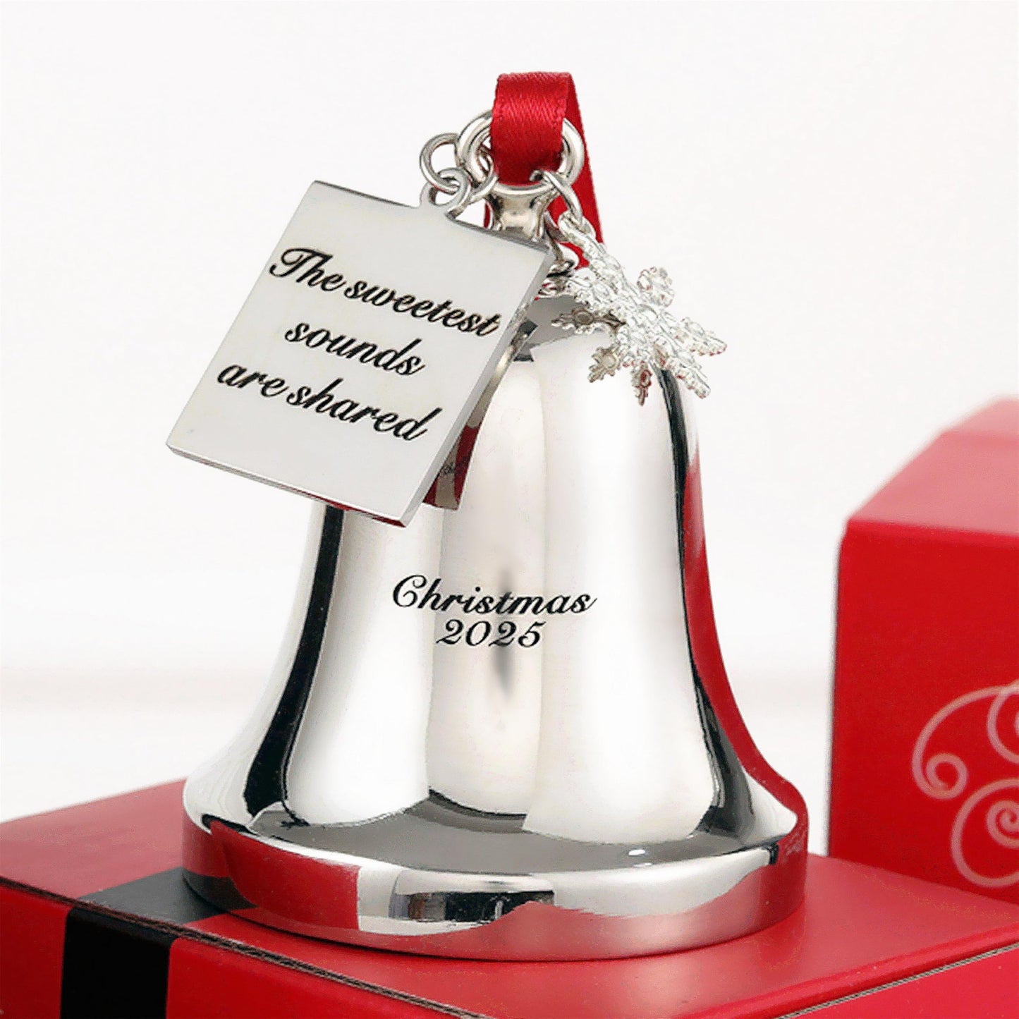 FKOG Christmas Bell Ornament 2026, Silver Metal with Snowflake Charm, Red Ribbon, Quote - The Sweetest Sounds are Shared Design, Holiday Tree Decoration, 3x2.4x2.4 Inches (Silver)