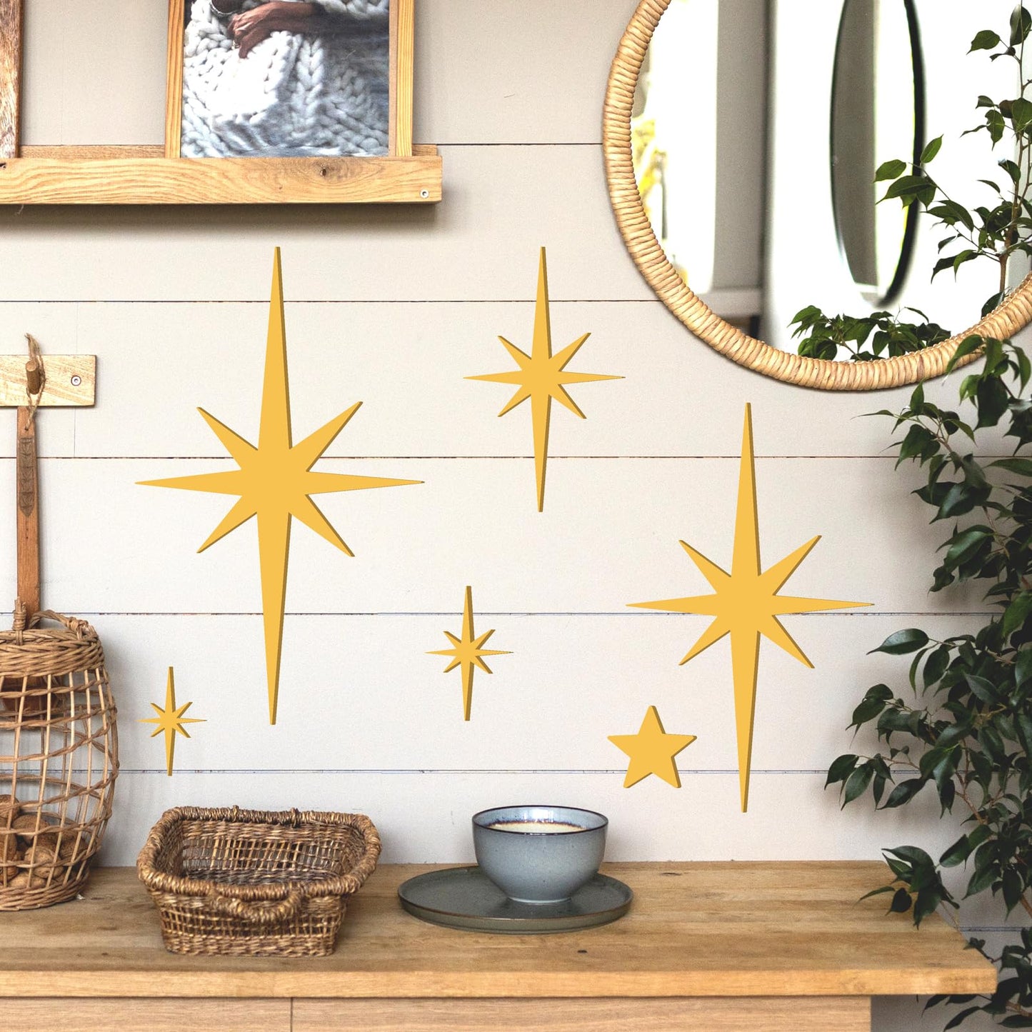 6 PCS Gold Star Wall Decor Iron Starburst Wall Decoration Retro Christmas Stars Art Signs Mid Century Modern Decor for Living Room Star Hangings Sculptures Golden Metal Art for Home Office Bedroom