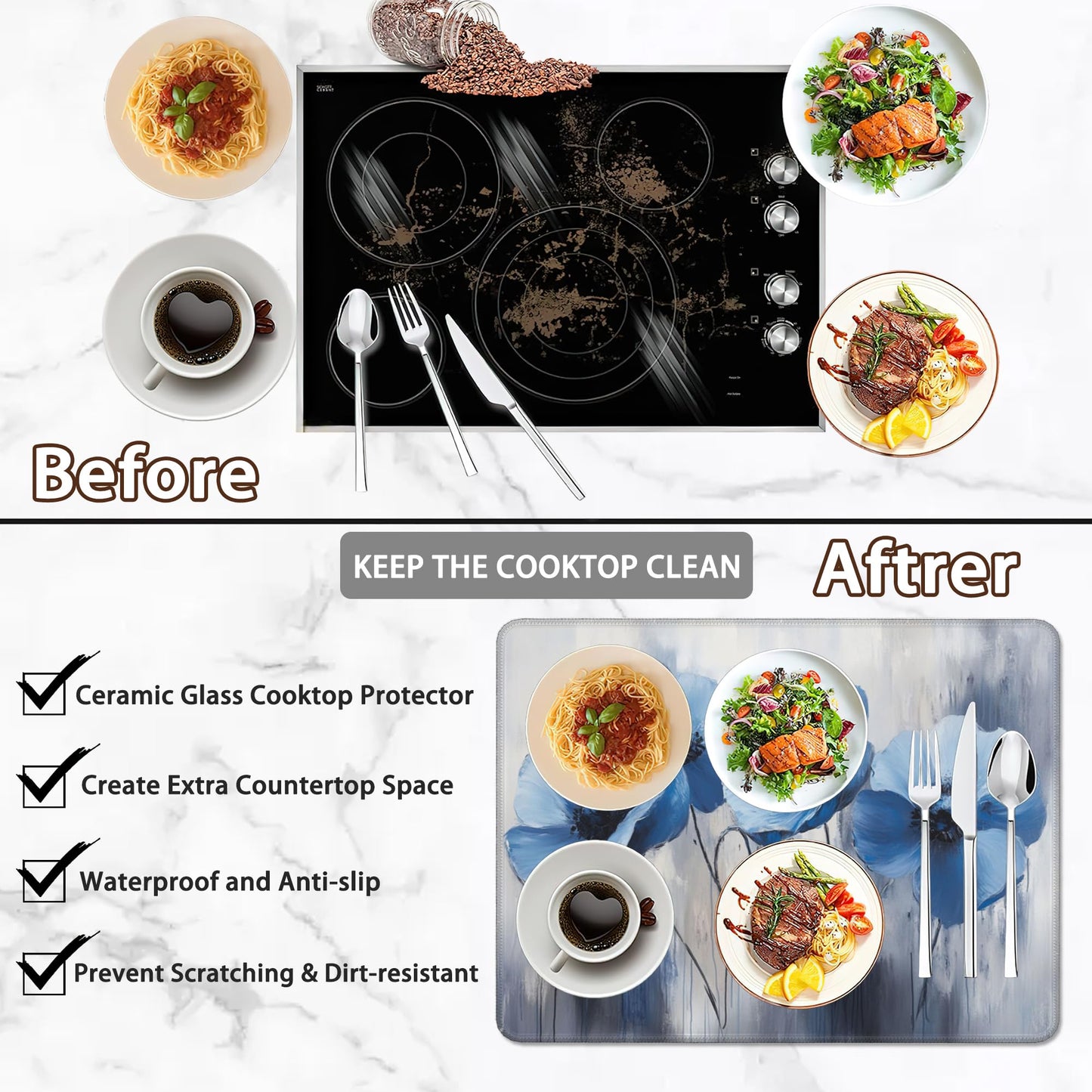 Stove Top Cover for Electric Stove,Vintage Blue Flower Anti-Slip Heat Resistant Rubber Flat Top Oven Cover Mat, Dish Drying Mat 28.5'' x 20.5''