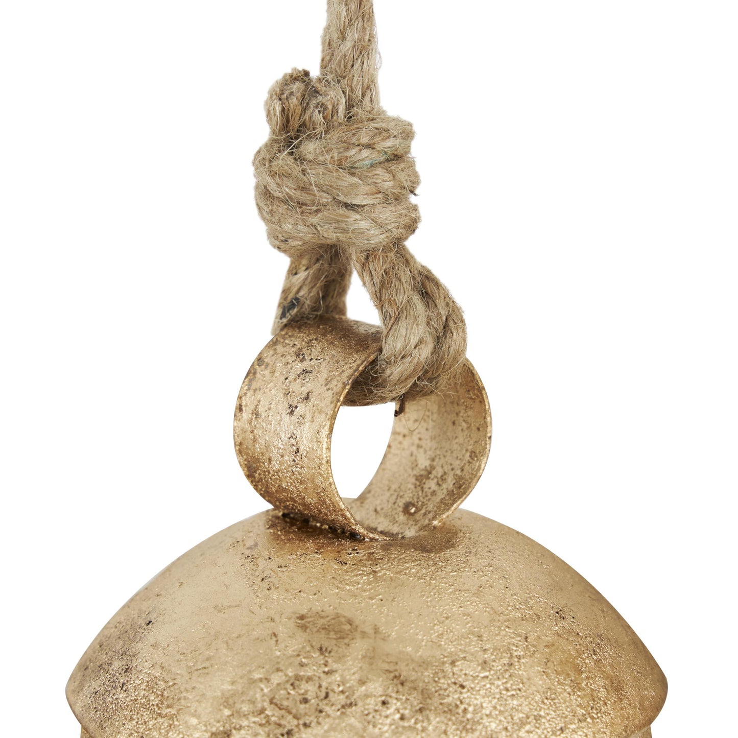 Deco 79 Metal Tibetan Inspired Decorative Cow Bells with Jute Hanging Rope, Set of 3 10", 7", 5"H, Gold
