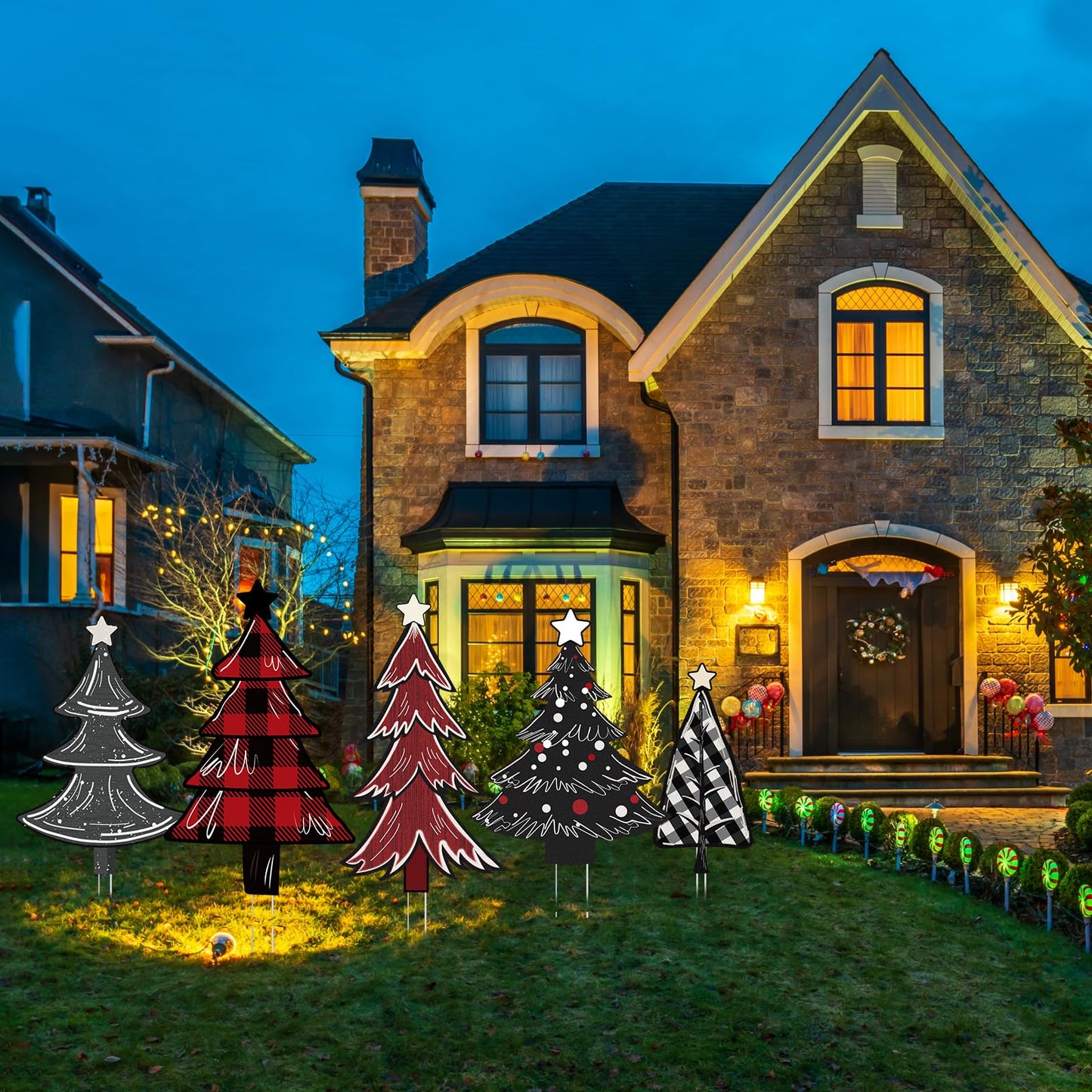 5 PCS Christmas Tree Yard Signs - Outdoor Lawn Sign Decorations with Stakes for Xmas Winter Party Porch Lawn Walkway Decor