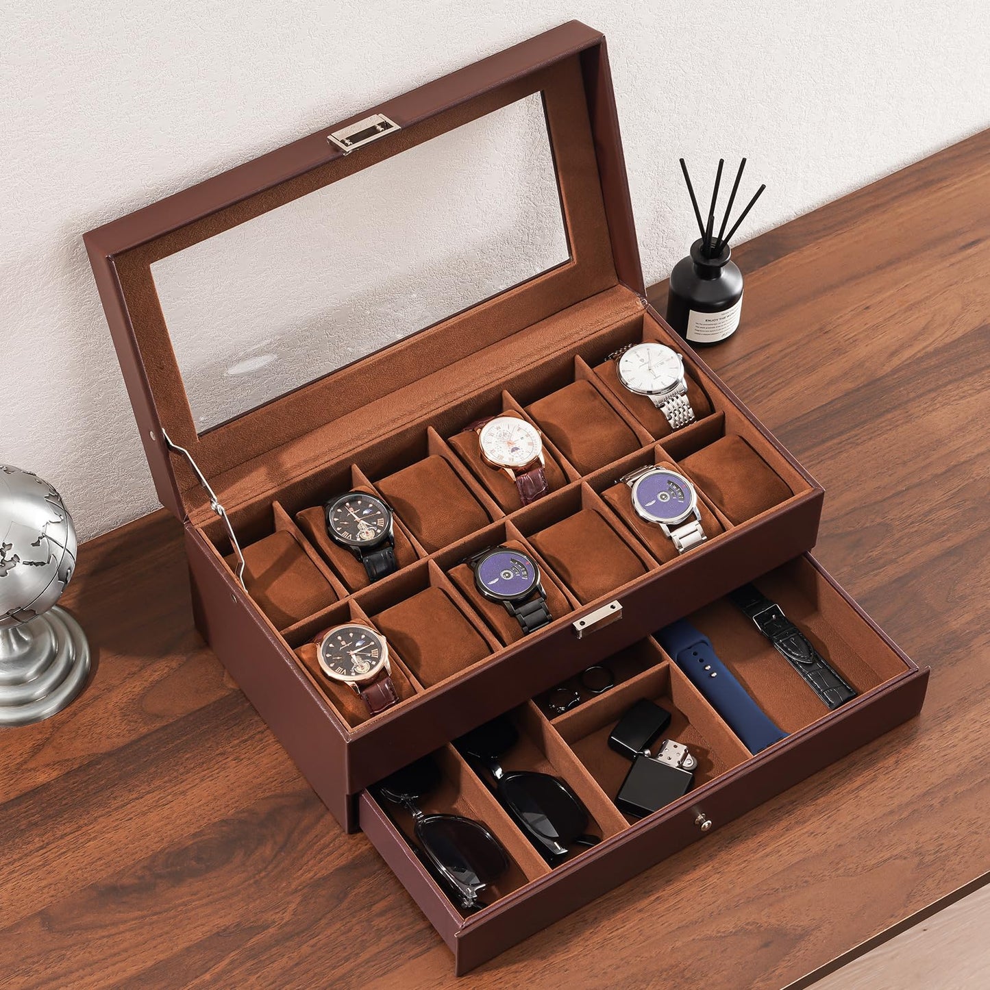 ProCase Watch Box, Fathers Day Gift for Dad, 12 Slot Mens Watch Case With Drawer, 2-Layer Watch Display Case With Glass Lid, Mens Jewelry Box Storage Holder Organizer -12Slot, Espresso