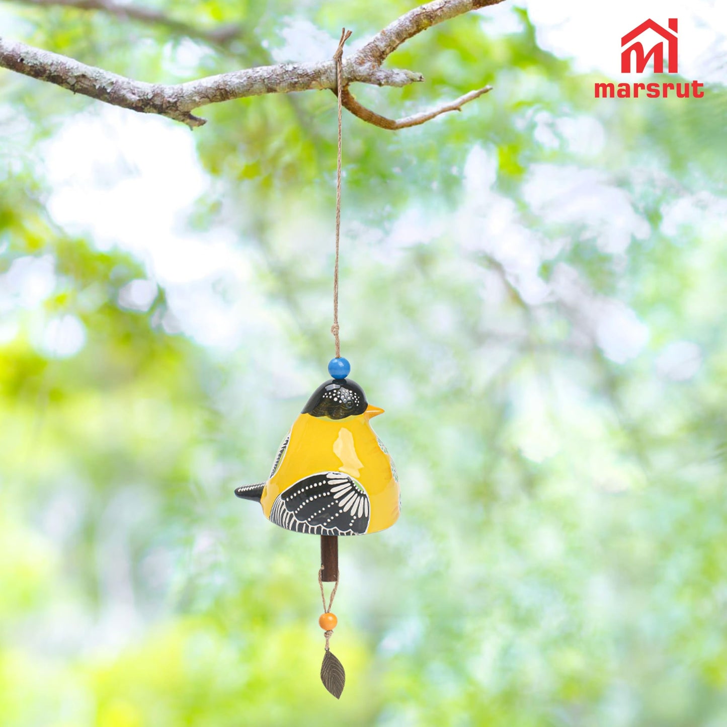 Bird Song Bell Wind Chime, Ceramic Cardinal Fashion Hanging Windchimes for Rustic Music Garden Backyard Church Decoration Porch Outside Outdoor Festival Memorial Gift Witness Friendship (Yellow)