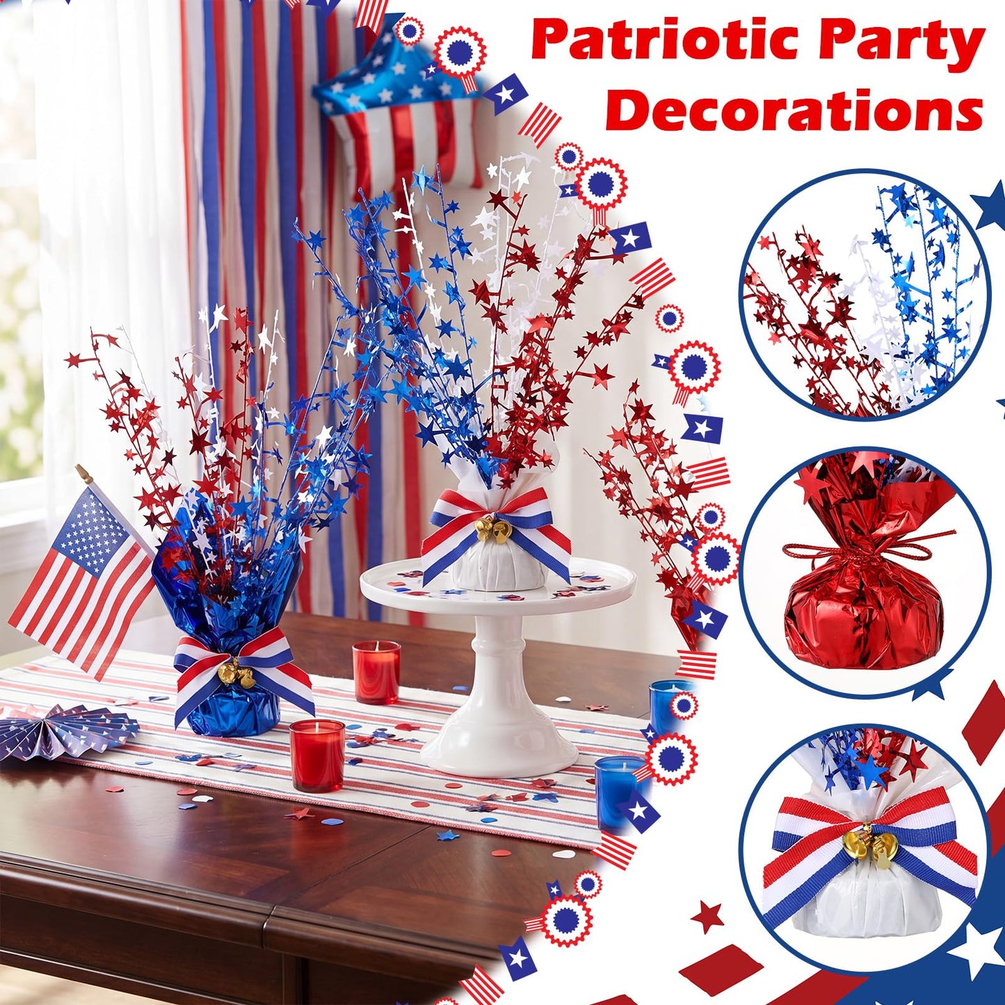 Suncalla 6 Pack 4th of July Table Centerpiece Decoration Red White Blue Patriotic Decorations Metallic Stars Centerpieces for 250th Anniversary Independence Day American Decor