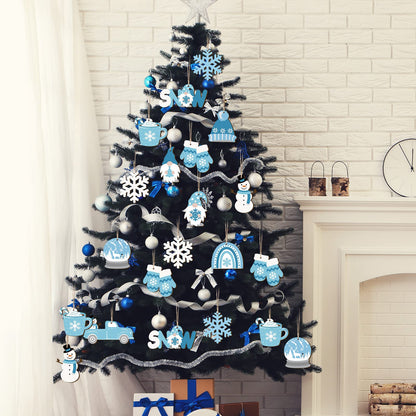 Chunful 36 Pieces Winter Frost Wood Ornaments Ice Bear Cedar Snowflake Glove Truck Hello Winter Ornaments Mini Welcome Christmas Tree Hanging Sign Decorations