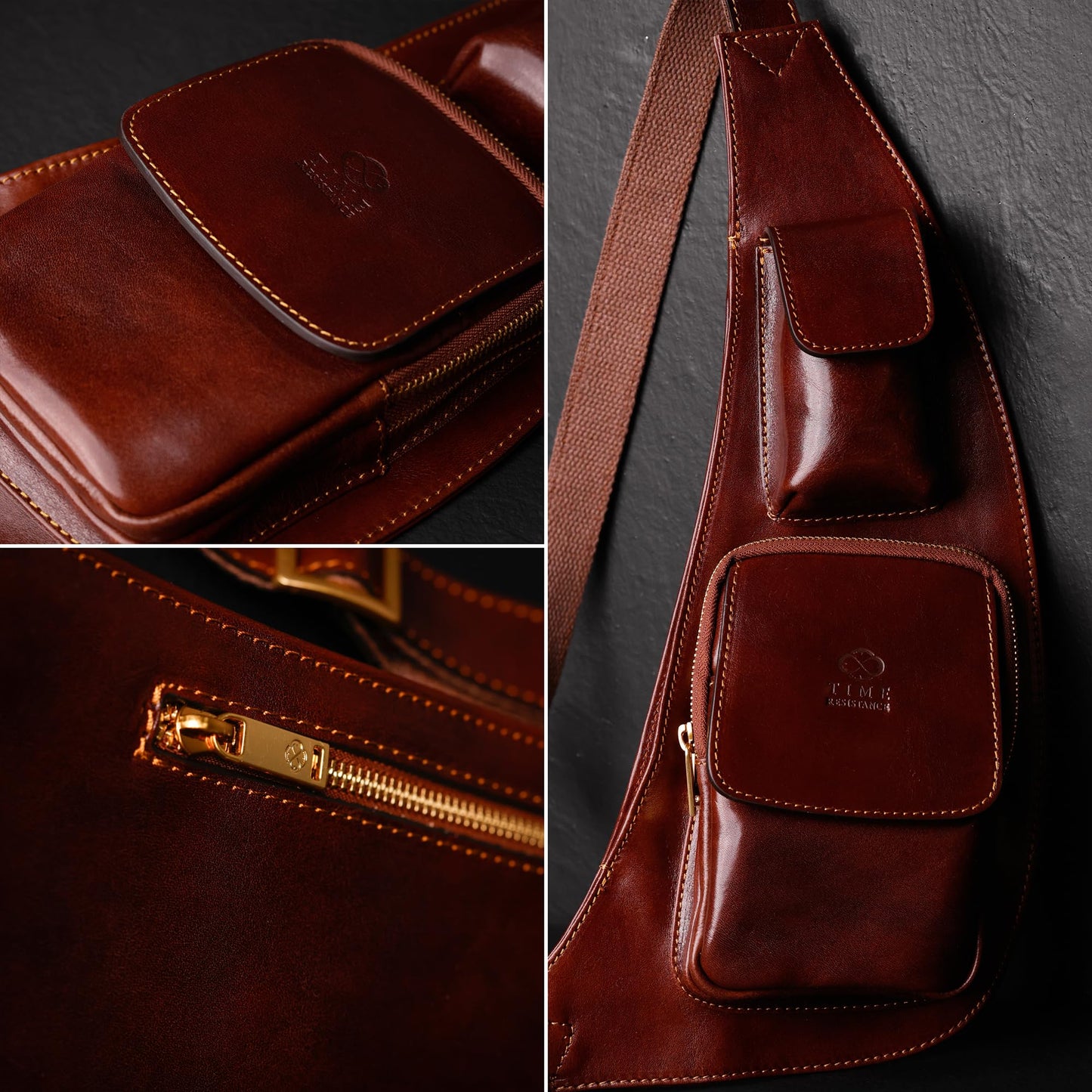 Time Resistance Leather Sling Bag - Crossbody, Messenger Bag for Men and Women - Handmade Shoulder Backpack (Brown)