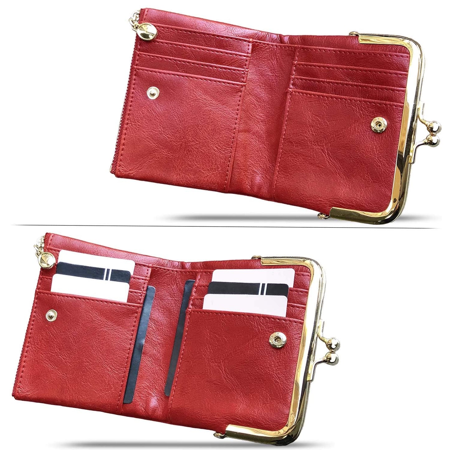 PofeeXIO Womens Wallet RFID Small Compact Bifold Leather Vintage Wallet,Ladies Coin Purse with Zipper and Kiss Lock (Red)
