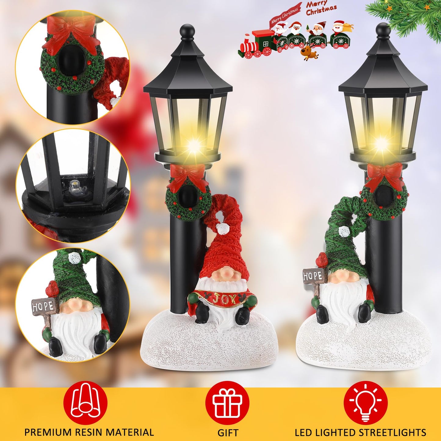 GlikCeil 2 Pcs Christmas Gnome Decorations 10" Resin Christmas Lighted Gnomes Figurines Table Decor Xmas Battery Operated Mini Street Statue for Home Fireplace Shelf