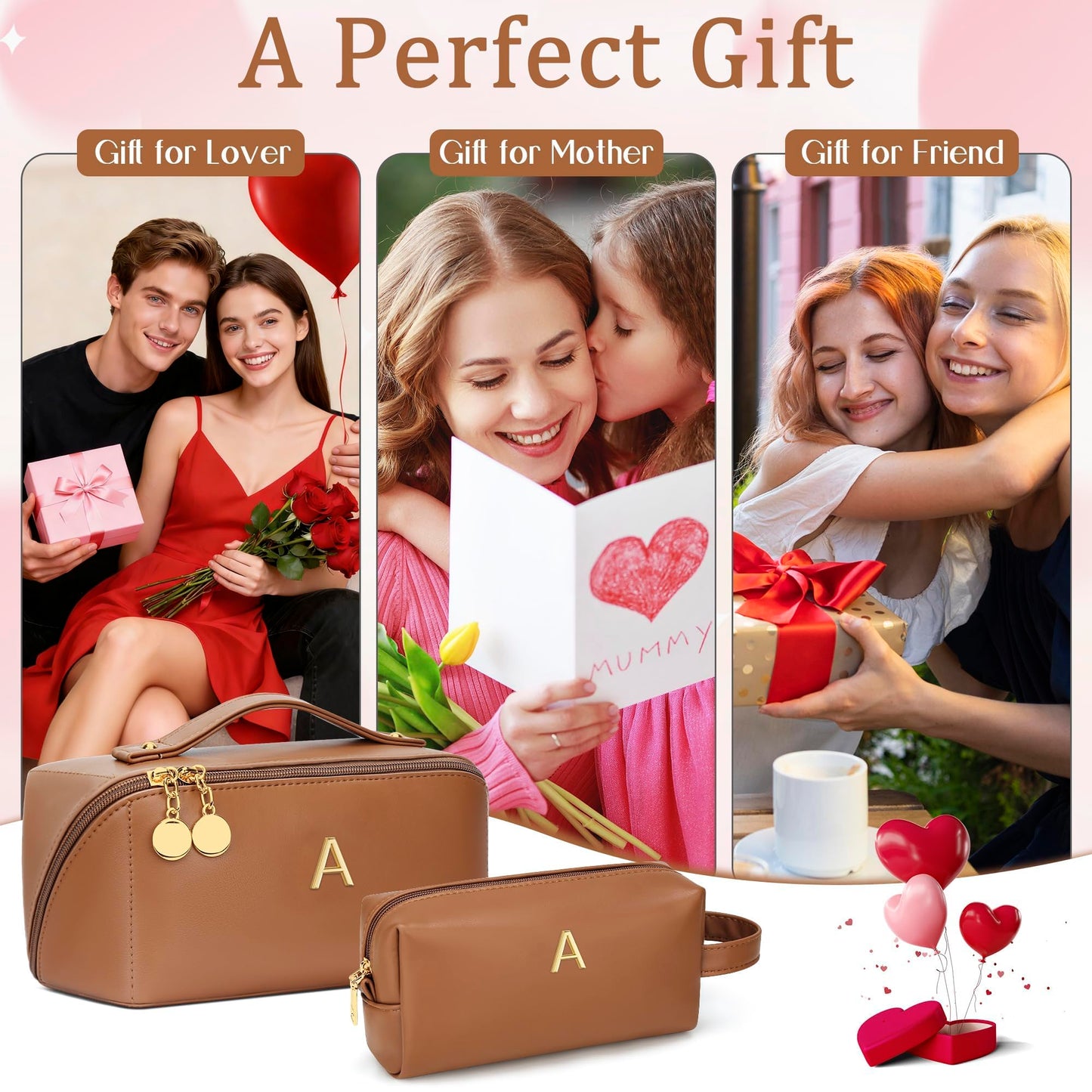 KKXIU Initial Makeup Bag for Women - Personalized Makeup Bag Gifts for Women, Travel Toiletry Bag with PU Leather, Open Flat Design with Top Handle, Cosmetic Bag Set with Multi-Pocket (Brown,A)