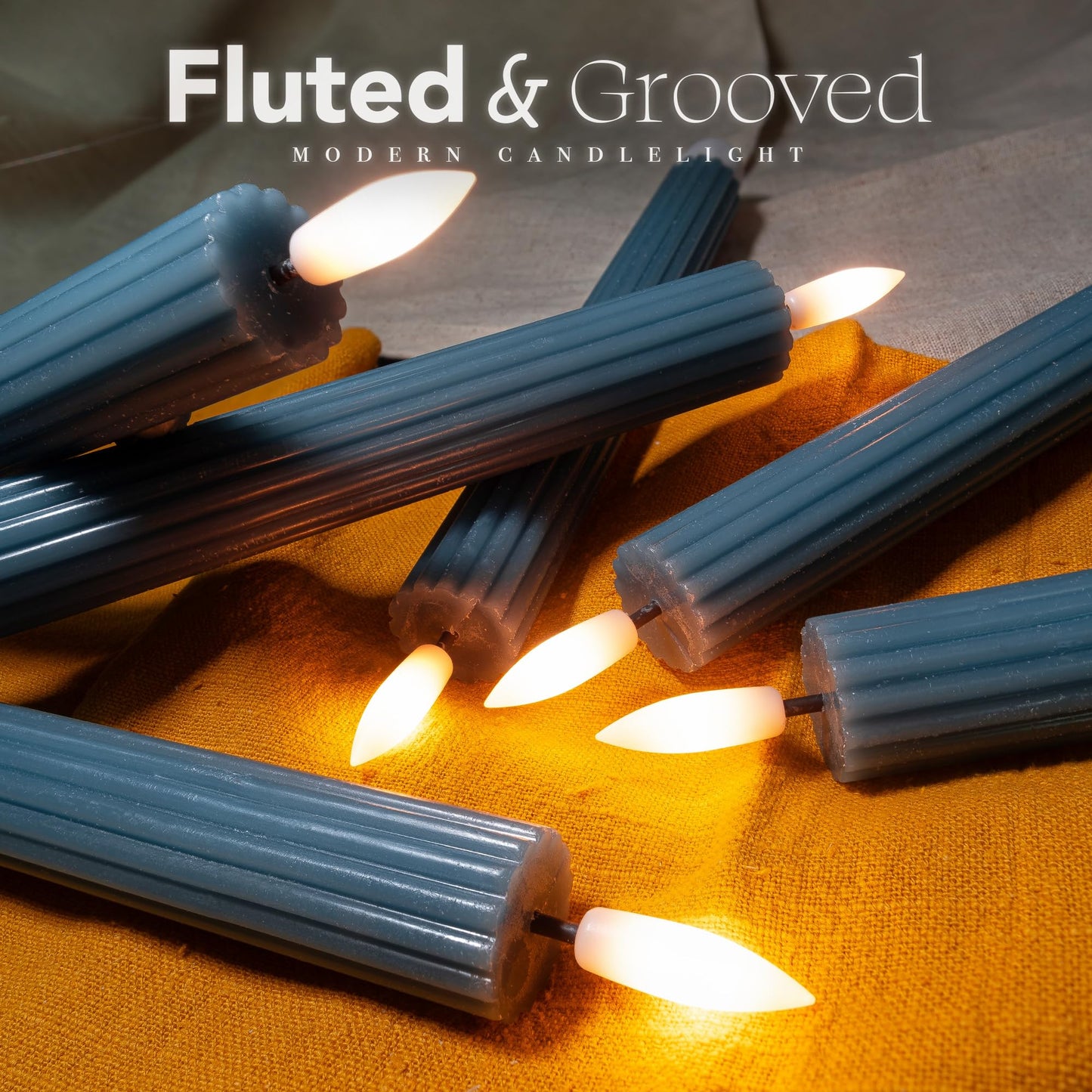 West Ivory 12 Pack, 10" LED Flameless Blue Fluted Ribbed Grooved Taper Candles with 2 Remotes & 24h Timer Memory, On/Off Button, Dimmable, Flicker Mode, Battery Operated, Christmas Menorah Wedding