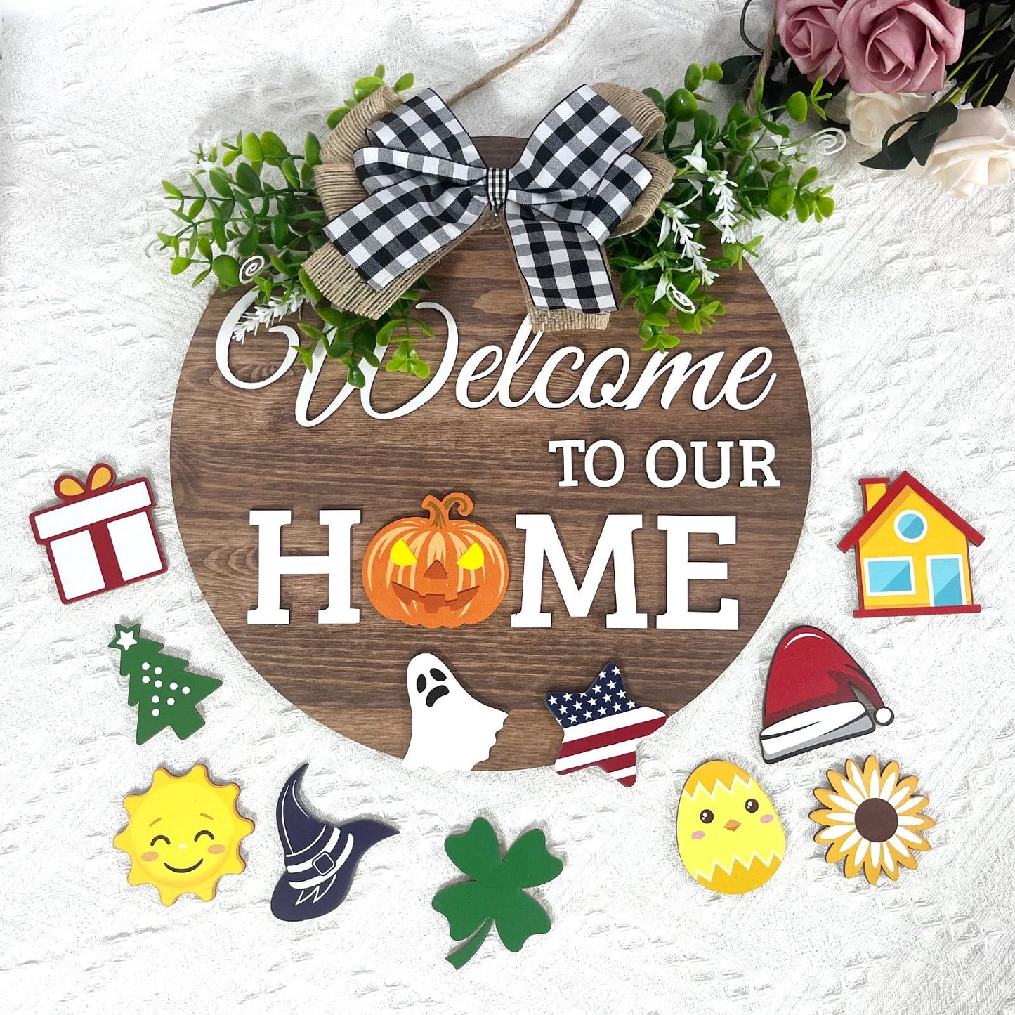 VPDTVK Interchangeable Seasonal Welcome Sign Front Door Decoration, Rustic Round Wood Wreaths Wall Hanging Outdoor Decor for Spring Summer Autumn and Winter All Seasons Holiday Halloween Christmas