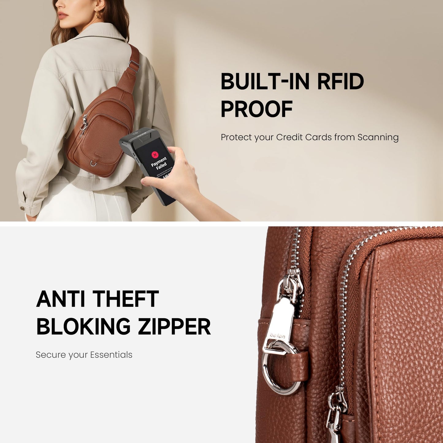 befen Genuine Leather Sling Bag for Women Anti Theft Crossbody Bag RFID Blocking Sling Crossbody Bag for Travel with Card Slots and Adjuatable Wipe Strap Soft Small Crossbody Purse for Daily Brown