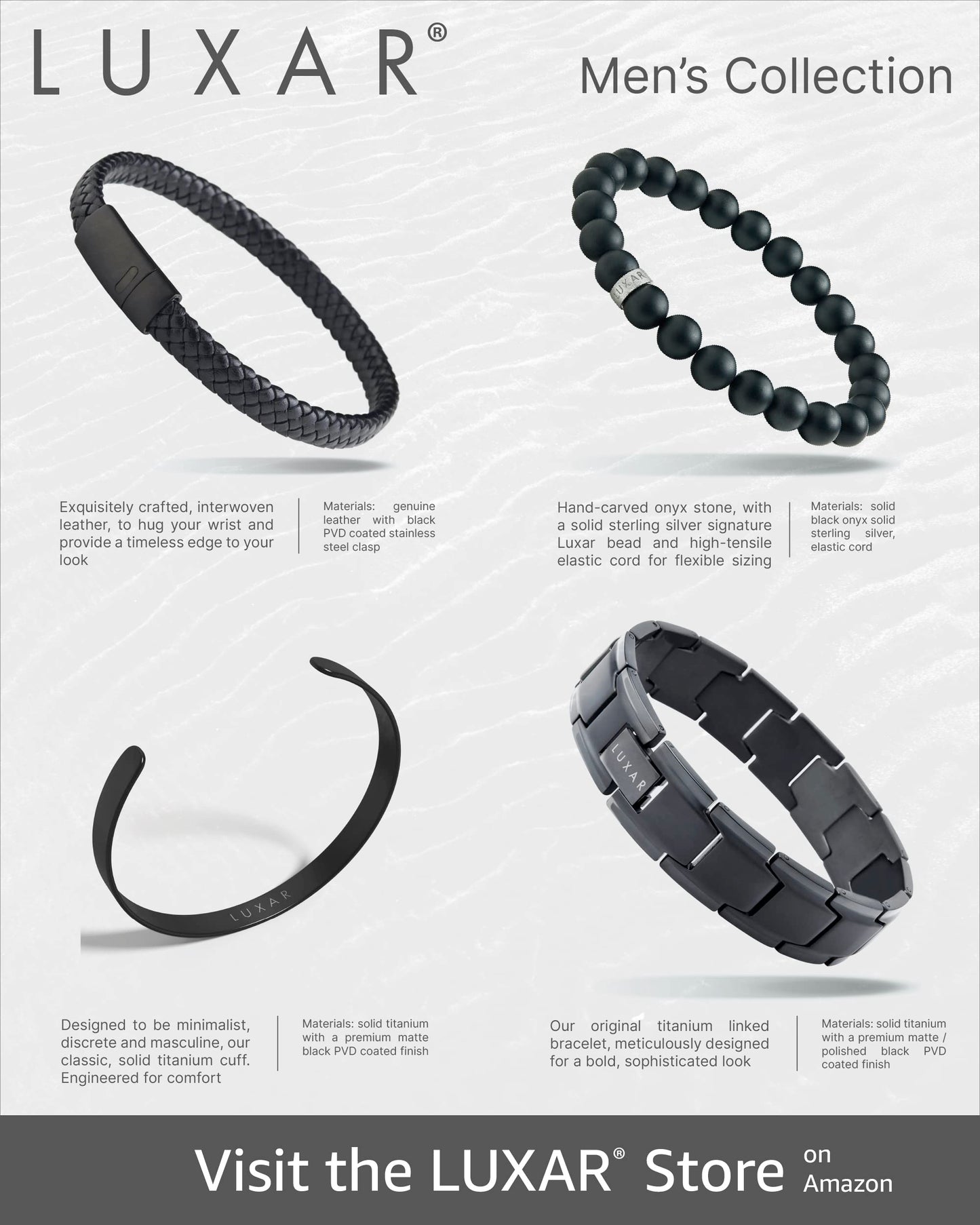 LUXAR Men’s Black Onyx Stone Bead Bracelets | Matte Black 8mm Stone | Minimalist, Designer Jewelry for Men (925 Silver, Small)
