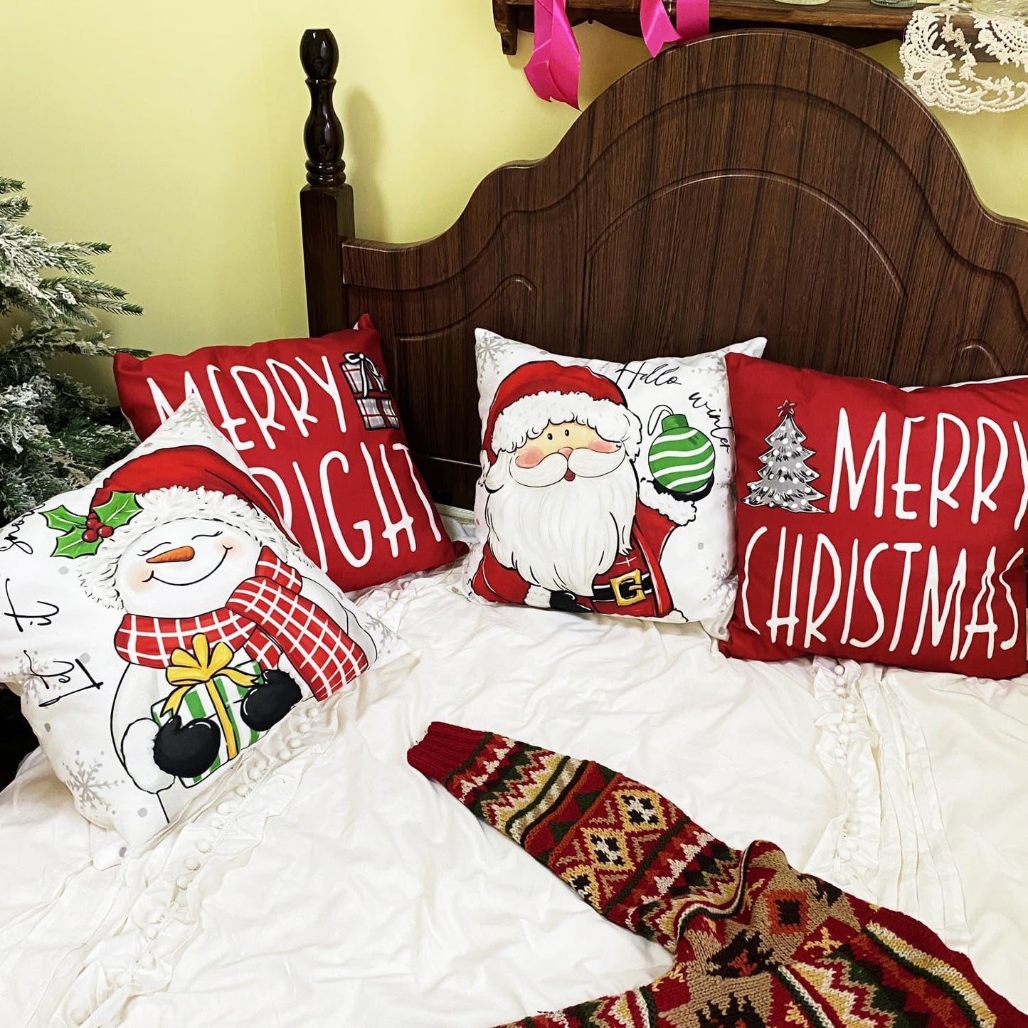 RidaaFri Christmas Pillow Covers 18x18 Inch Set of 4 Merry Christmas Red Throw Pillow Cases Winter Holiday Cushion Case Snowman Santa Claus Xmas Decorations for Home