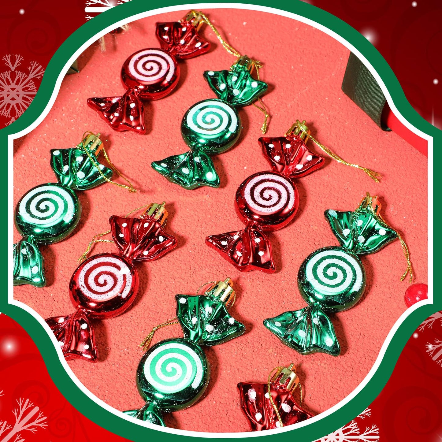 Threan 12 Pcs Christmas Candy Ornaments for Tree Decoration Hanging Glitter Candy Cane Christmas Peppermint Ornament with Golden Rope for Xmas Holiday Decoration(Red, Green,Plastic)