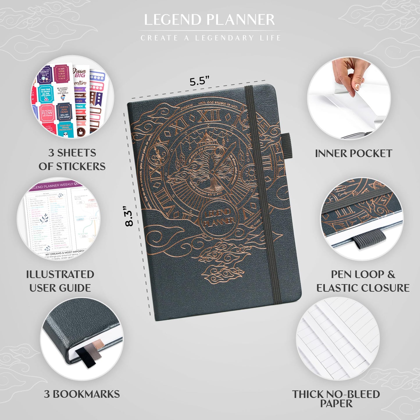 Legend Planner – Undated Weekly & Monthly Life Planner to Hit Your Goals & Live Happier, Organizer Notebook & Productivity Journal, A5 (Mystic Gray, Gold)