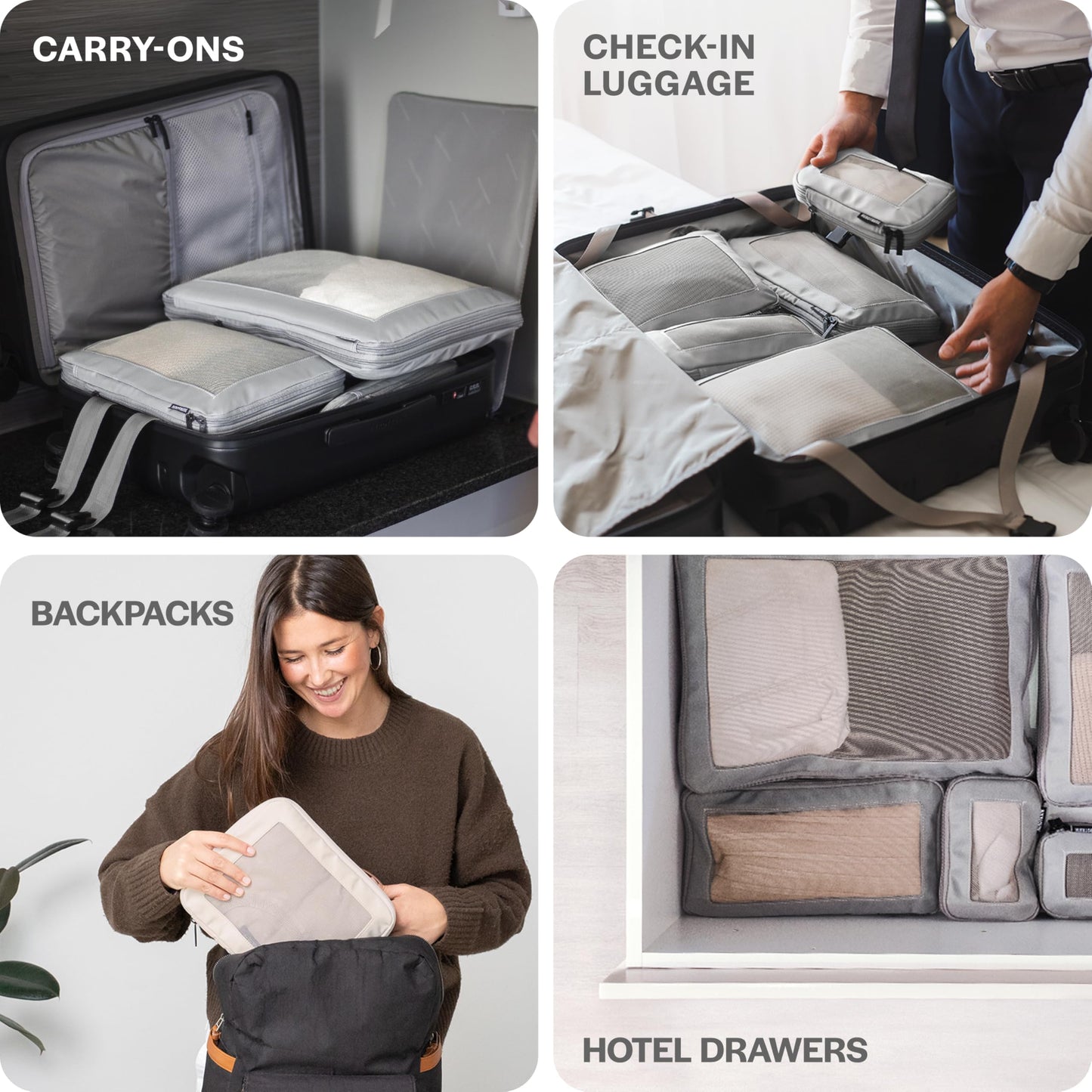 Aerotrunk Compression Packing Cubes for Travel - Luggage Organizer Bags - Double Zipper Packing Cubes for Suitcases (4-Pack, Light Grey)