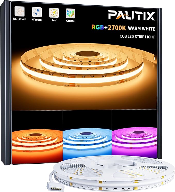 PAUTIX COB LED Strip Light RGBW RGB 2700K Warm White UL Listed 24V Color Changing LED Tape Lights for Ceiling,Cabinets,Bedroom,Party DIY Lighting(Power Supply & Controller Not Included)