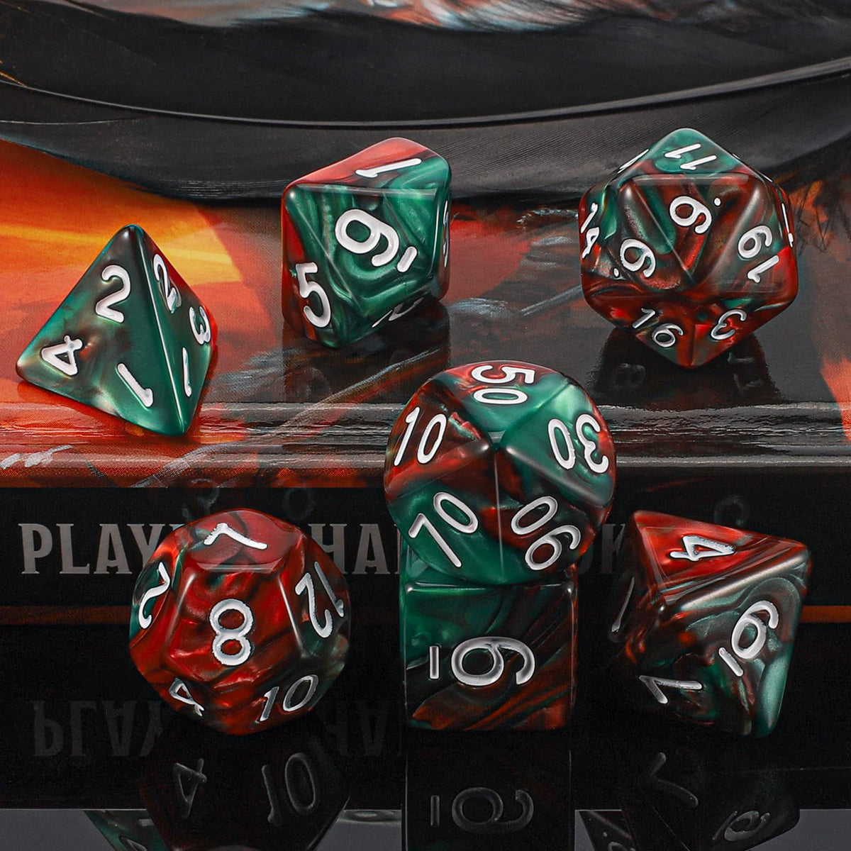 QMAY DND Dice Set - Polyhedral Dice (Red Mix Green) 7 Pcs for Dungeon and Dragons D&D RPG Role Playing Games Dice with Dice Bag