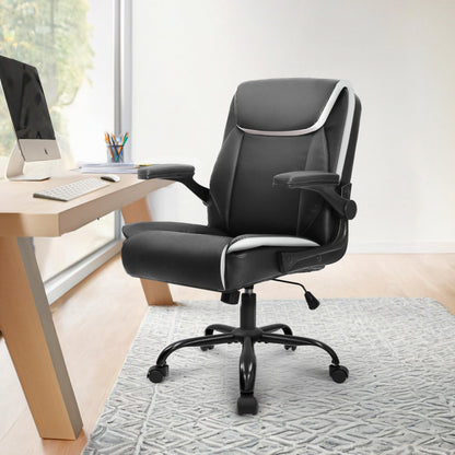 NEO CHAIR Office Desk Computer Chair Ergonomic Executive Mid-Back Leather Gaming Chair with Adjustable Flip-Up Armrests Wheels Swivel for Home Study Task (Black)
