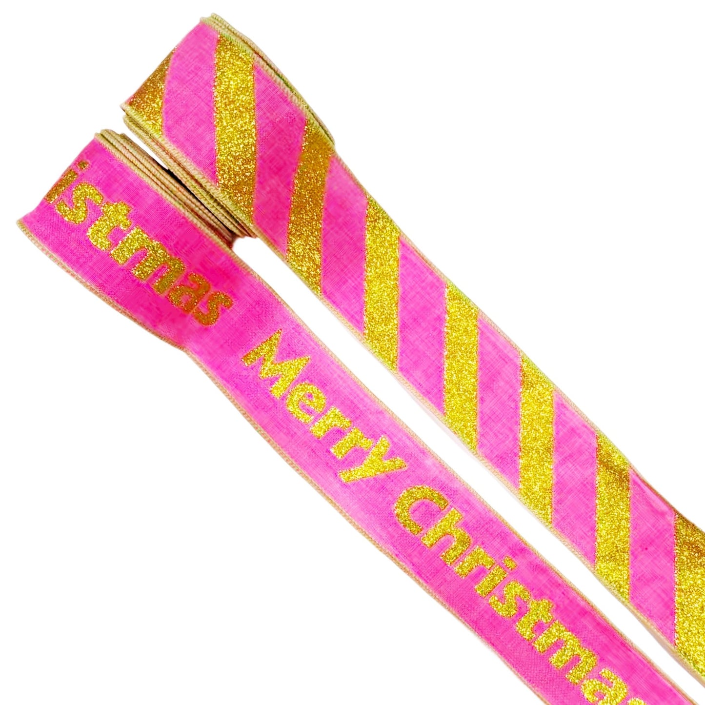Meseey Hot Pink Green Glitter Diagonal Stripe Wired Ribbon 2.5 Inch 20Yards, Christmas Decor Ribbon for Xmas Tree Wreath Gift Craft Bow Making