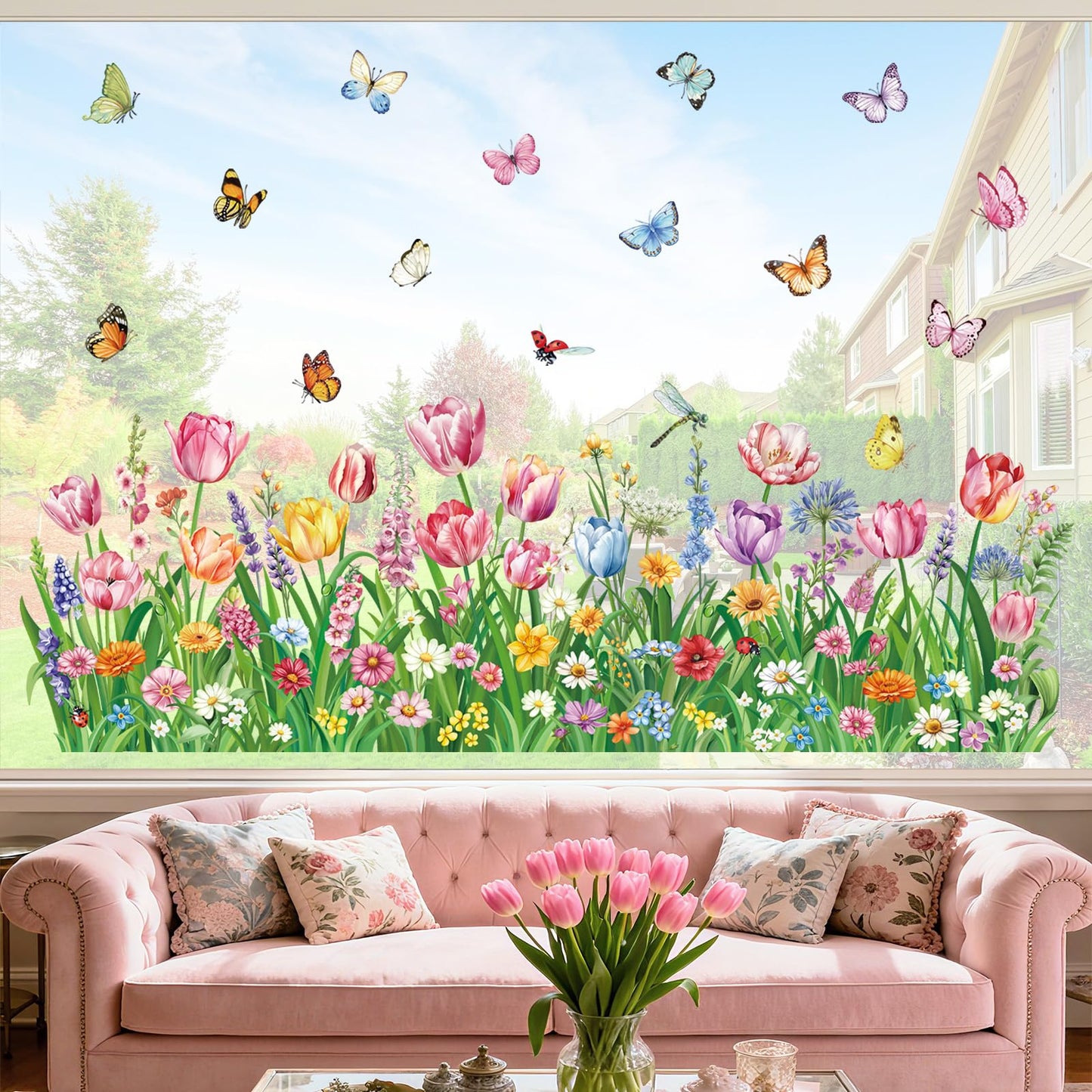 decalmile Spring Pink Tulips Flower Double Sided Window Clings Green Grass Garden Floral Wildflower Butterflies Anti-Collision Glass Doors Window Stickers Decals