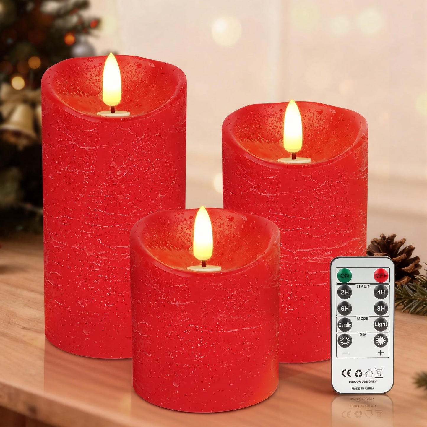 Flameless Candles, Battery Operated Led Lights Candle 3 Pack, Christmas Decorations Home Decor, Flickering Light White Pillar Candles with Real Wax Remote Control Timer. 3x3, 3x4, 3x5 inches, Red