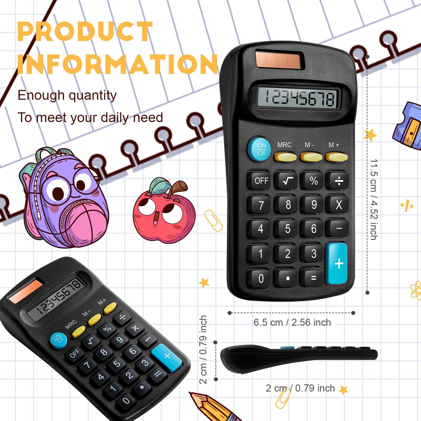 12 Packs Pocket Size Mini Black Calculator Basic Calculators for Handheld Angled Students 8 Digit Display Solar Battery Dual Power Small Calculator for Students Kids Home Office